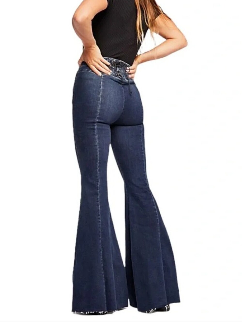 Free People Crvy By Ma Cherie High Waist Flare Jeans In Indigo Blue Corset Back